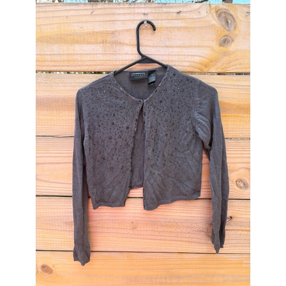 Liz Claiborne Petite Gray Beaded Metallic Cropped Cardigan Shrug Sweater Size 2P